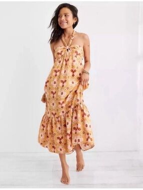 Aerie Smocked Halter Maxi Dress Orange Brown Floral XS Linen Blend